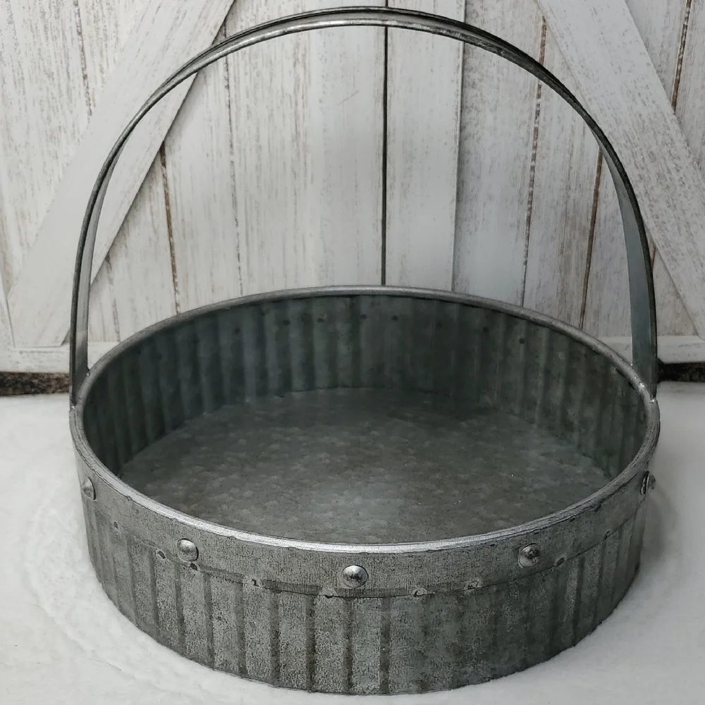 Galvanized Metal Round Basket with Handle Farmhouse Country Decor